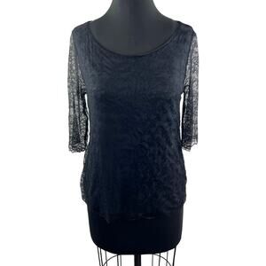 VELVET Black Lace Overlay Top Blouse 3/4 Round Neck Pullover Size M Medium
